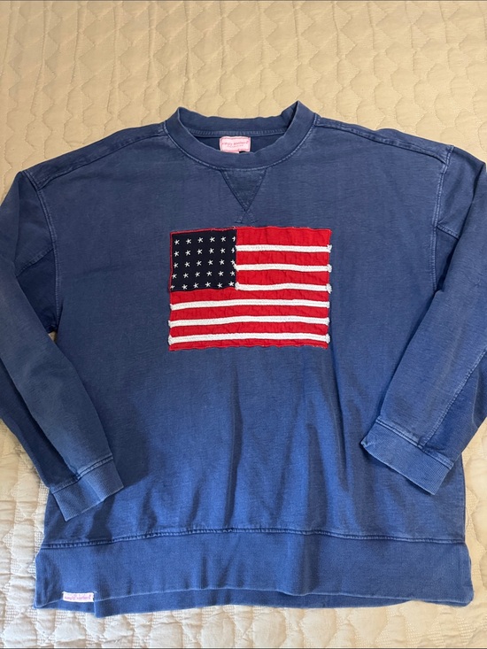 Simply Southern Tops - Simply Southern Blue Crewneck Sweatshirt with Red White Flag Patch